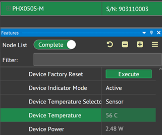 Arena software showing device temperature